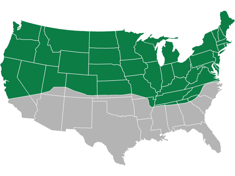 A map of the United States with certain states shaded in green and others in gray. The green-shaded states are primarily in the northern part of the country, while the gray-shaded states are in the southern part.