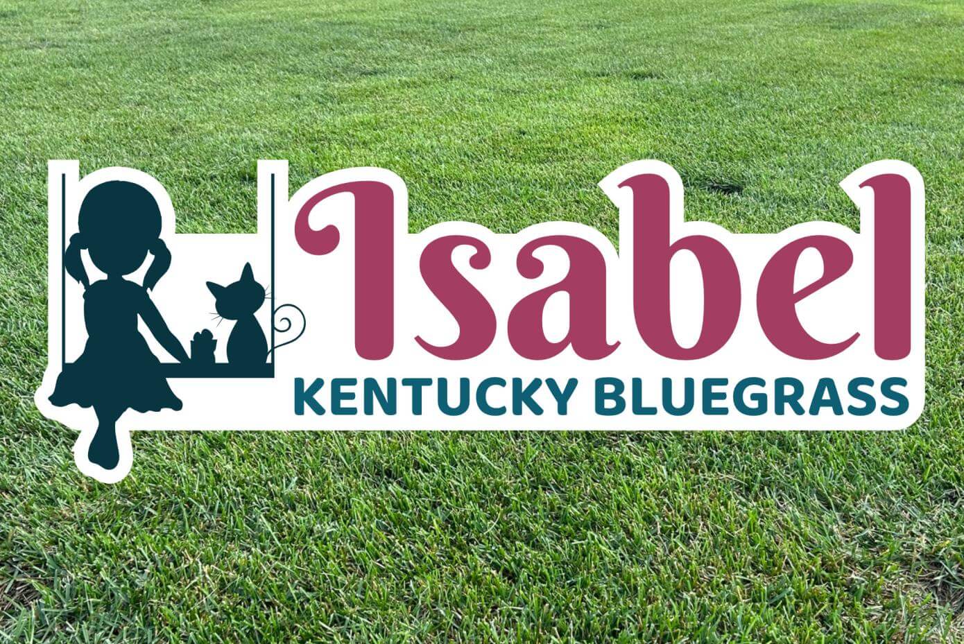 A patch of mowed grass overlaid with the words "Isabel Kentucky Bluegrass""