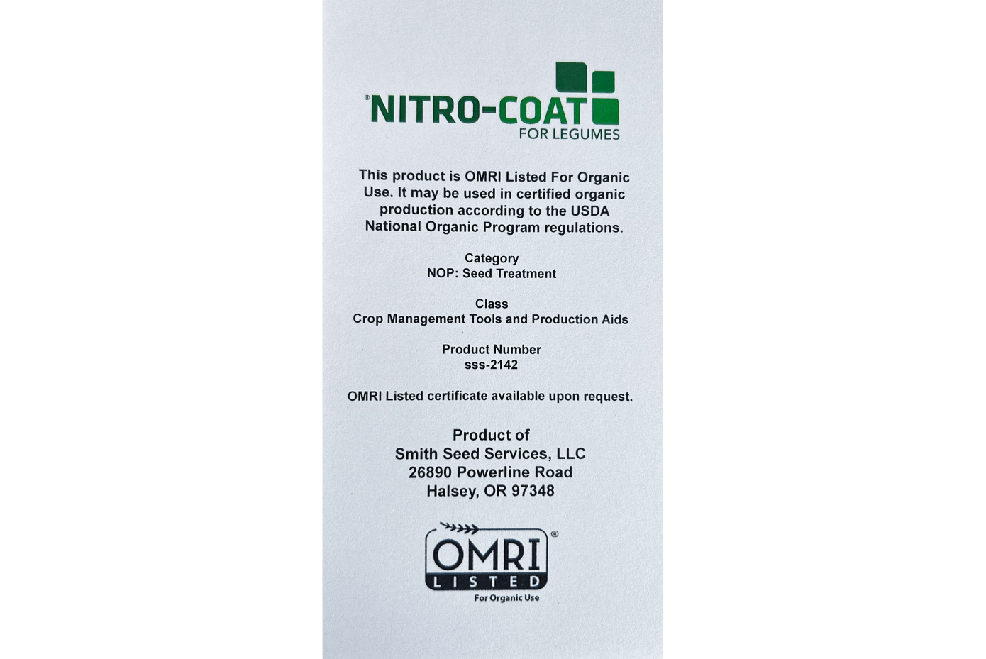  Product label for Nitro‑Coat Pure Cultures showing OMRI Listed certification for organic use, soil amendment category details, and Smith Seed Services contact information.