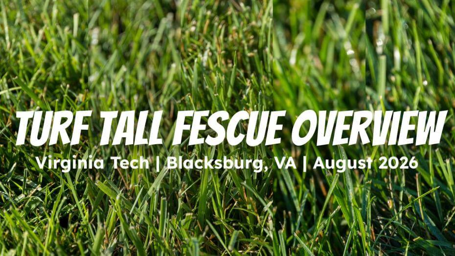 Blades of grass with the words "Turf Tall Fescue Overview - Virginia Tech | Blacksburg, VA | August 2026" overlaying it.